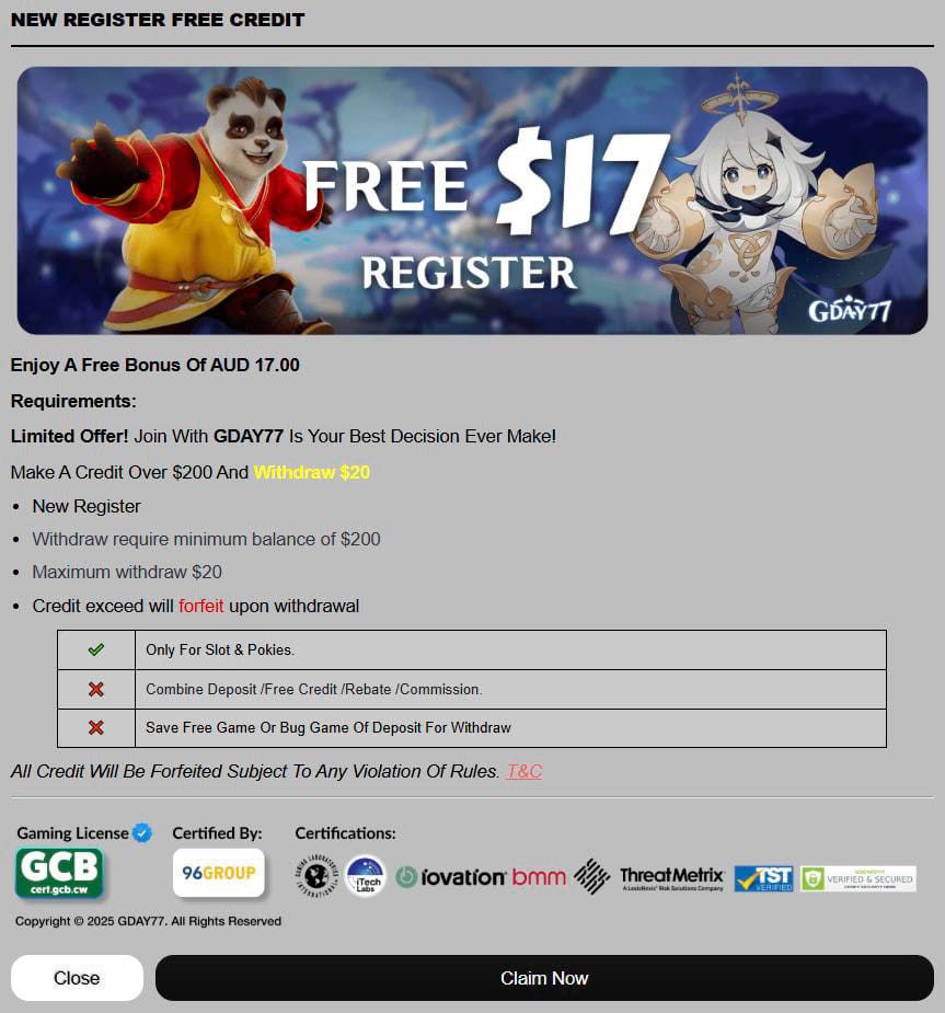New register free credit gday77 casino bonus
